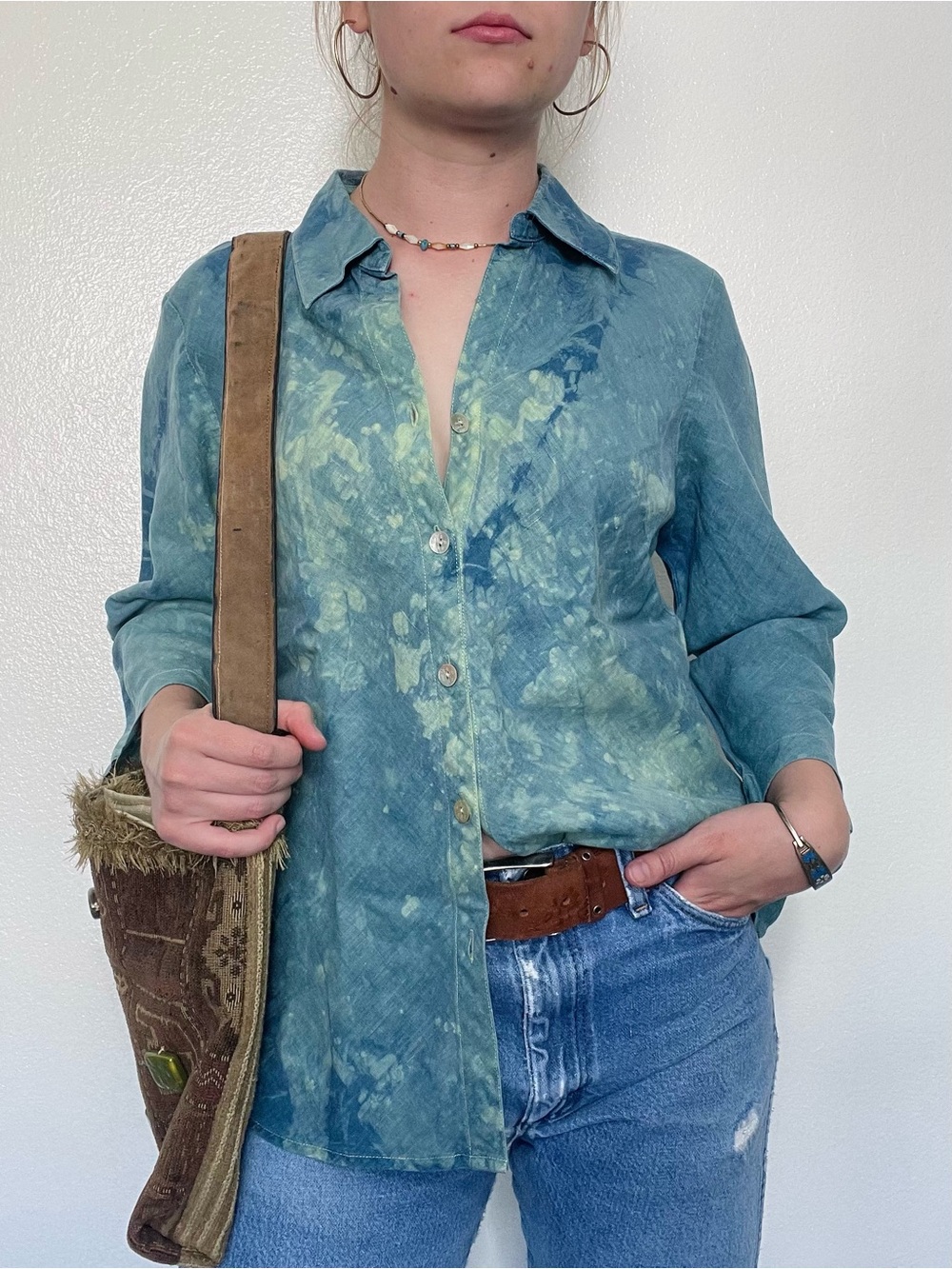 SO Blue by Sigrid Olsen | Blue & Green Tie Dye Bleached Button Down Linen Blouse